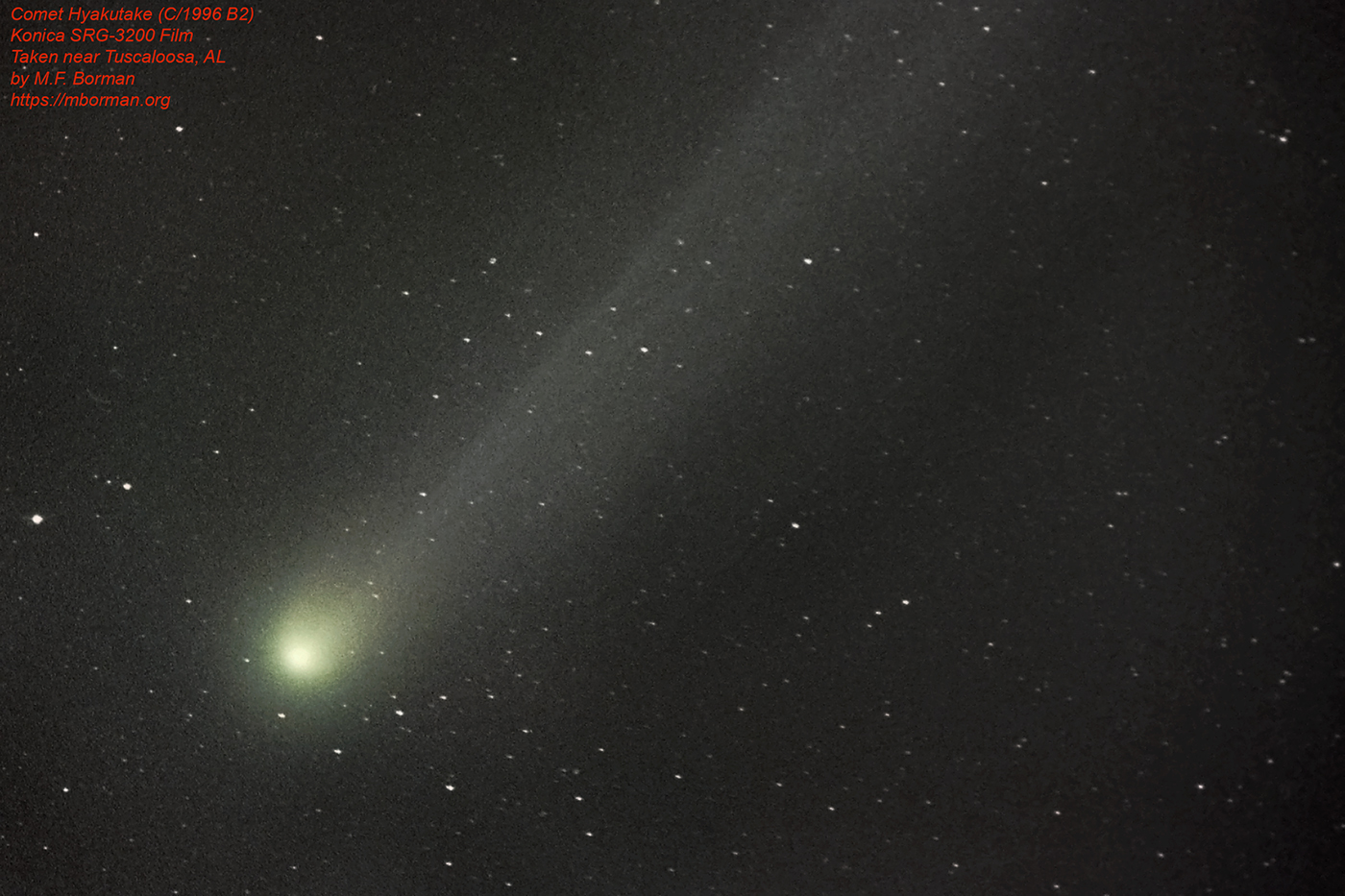 Comet Hyakutake (c/1996 B2) taken in 1996 from a park south of Tuscaloosa, AL with a film camera using Konica SRG-3200 film.