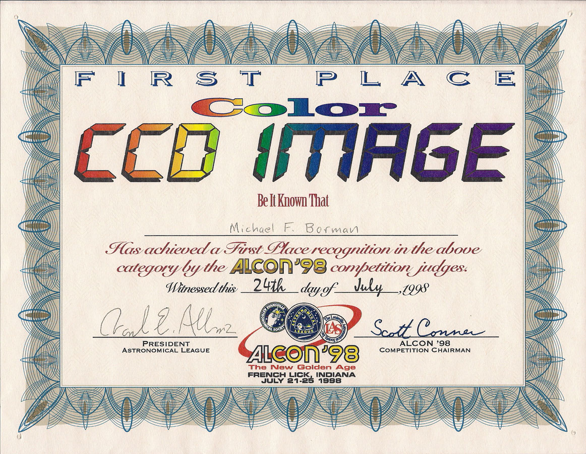 Astrophotography Award From The 1998 Astronomical League Convention