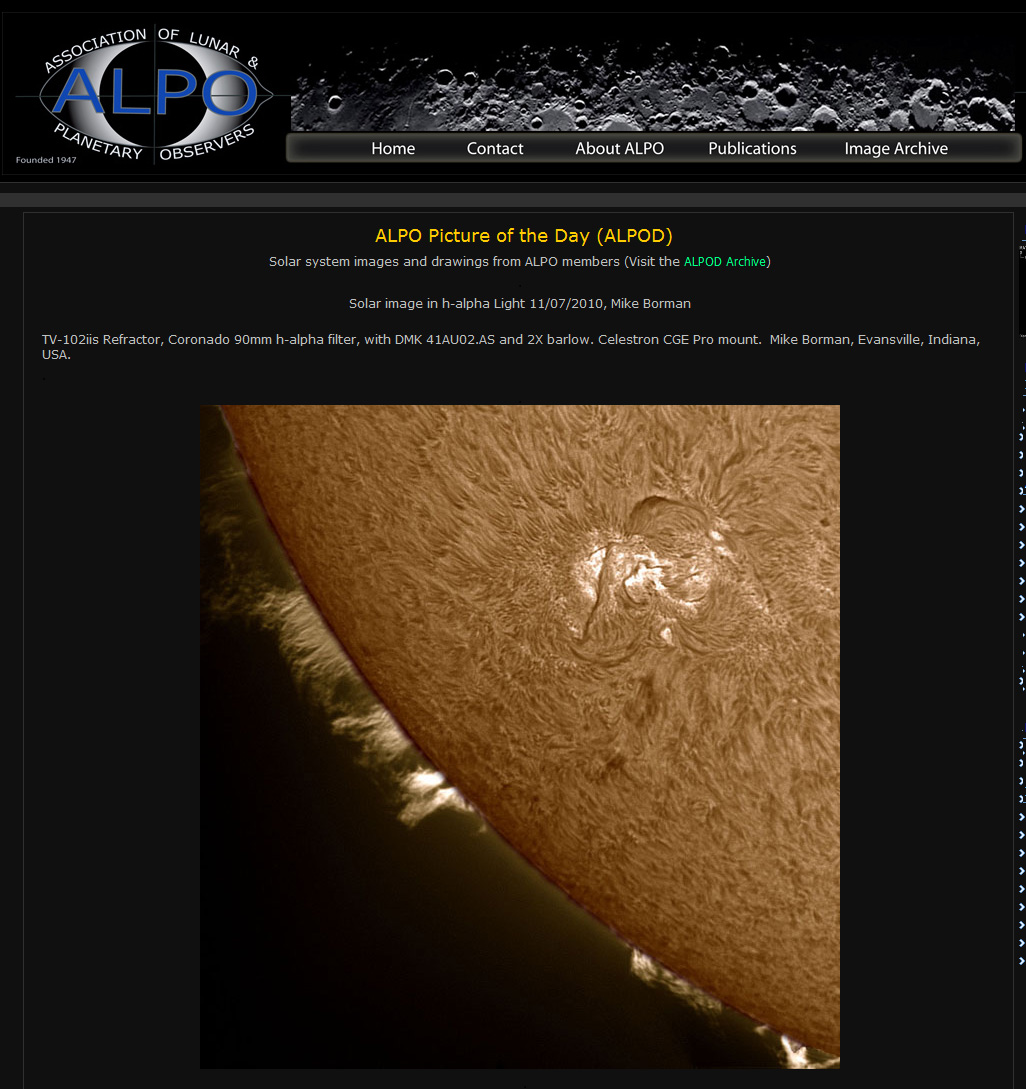 Association Of Lunar and Planetary Observers Website, Picture Of The Day, November, 2011