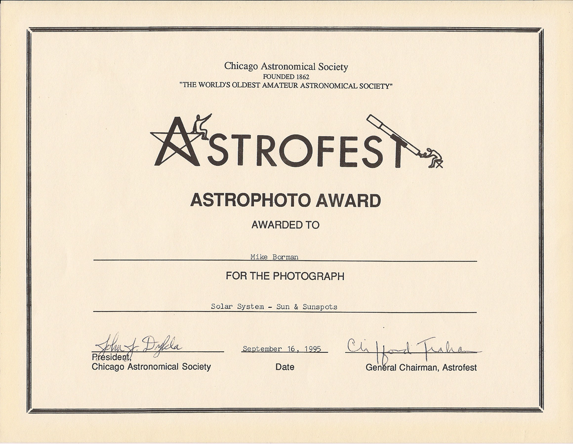 Astrophotography Award From The 1995 Astrofest Convention