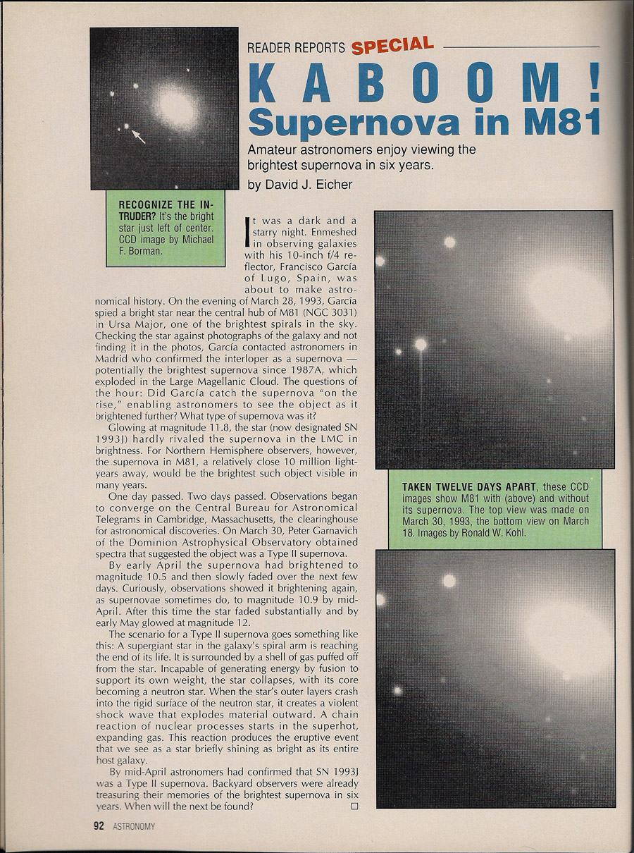 Supernova in M81, Astronomy Magazine, August, 1993