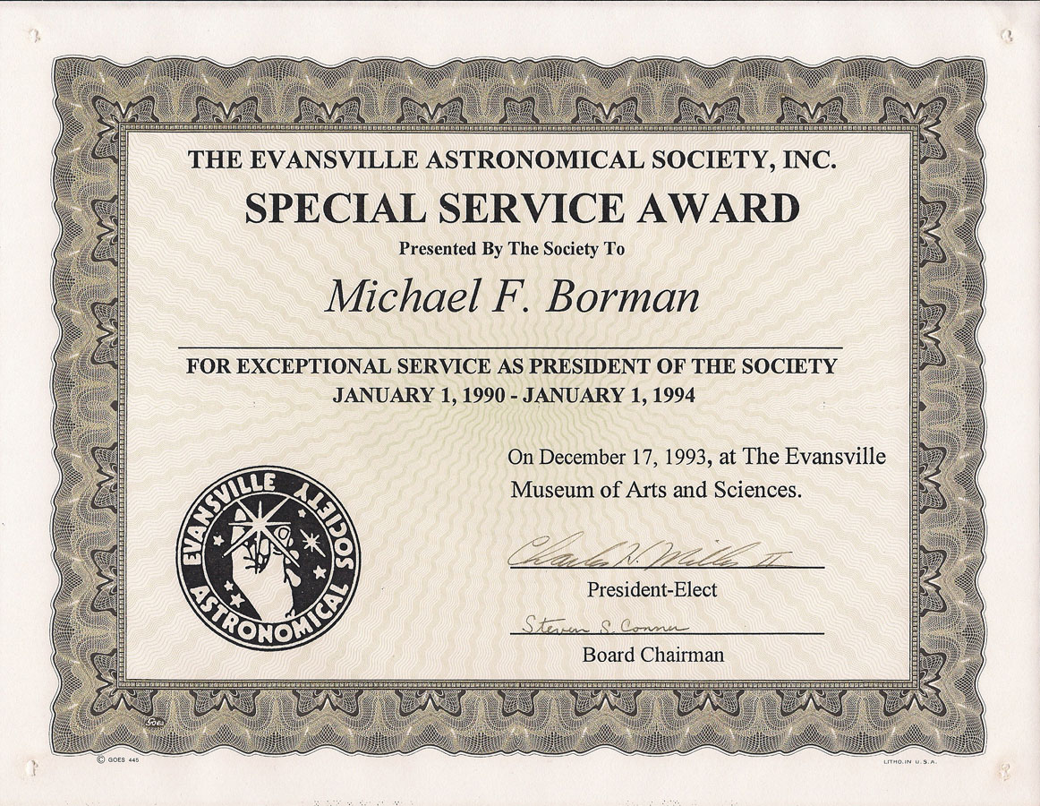 Special Service Award From The Evansville Astronomical Society For Serving As President From 1990-1994