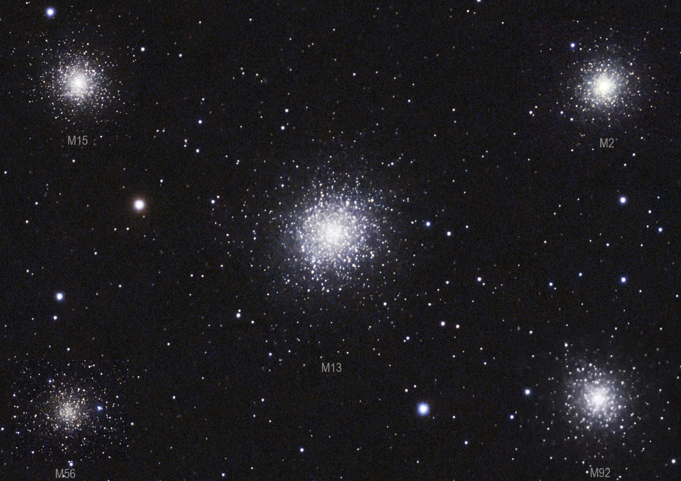 Globular Clusters M2, M15, M13, M56, and M92 taken in October 2026 with a Seestar S50 Pro Smart Telescope.