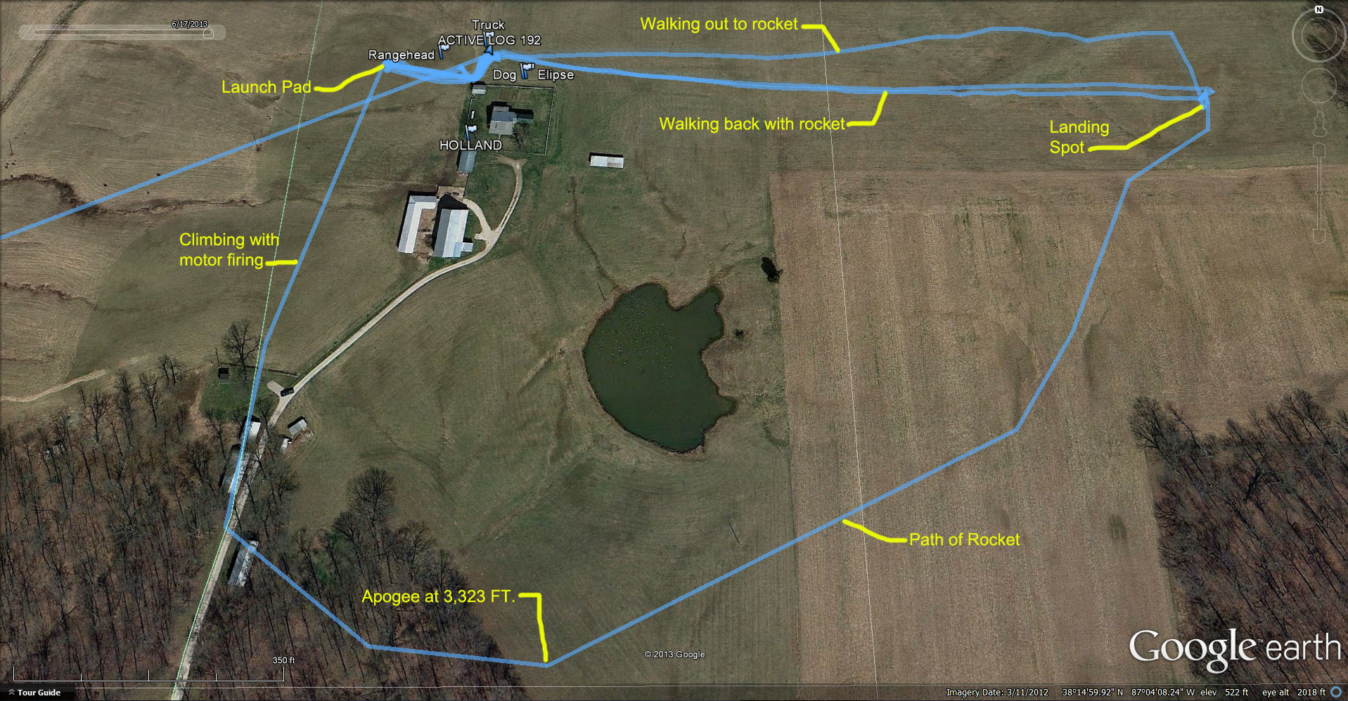 Data from onboard Garmin Astro DC30 and Garmin Astro handheld GPS loaded into Google Earth. 