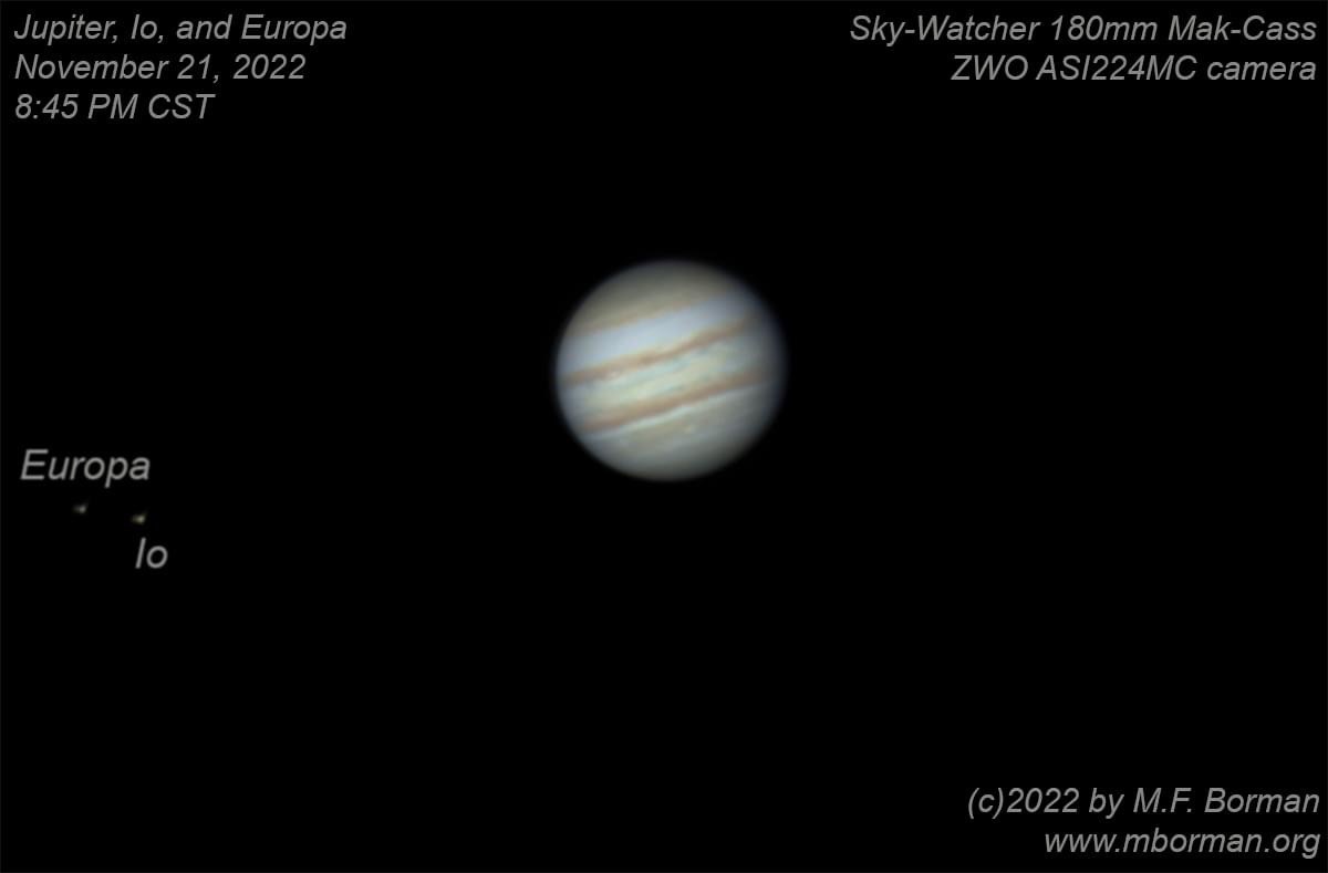 Jupiter, and two of its moons 11/21/2022