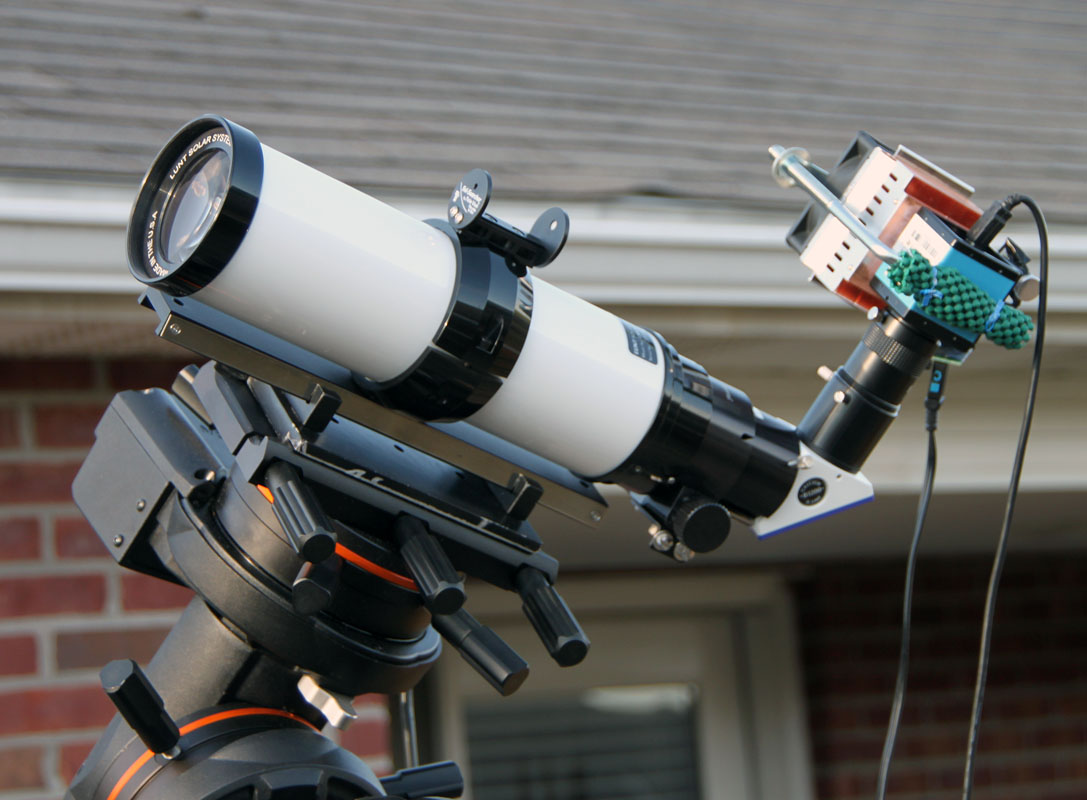 Lunt LS60T CaK Solar Telescope, Imaging Source DMK41AU02.AS camera with homemade thermoelectric cooler, mounted on a Celestron CGE Pro German Equatorial Mount.