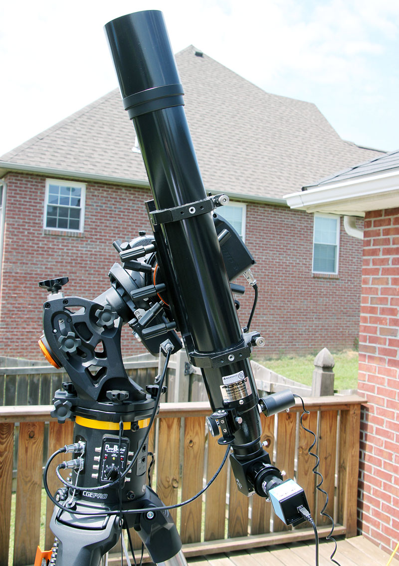 Orion 100mm f/9 ED refractor, Lunt white light solar wedge, and DMK41AU02.AS camera mounted on a Celestron CGE Pro German Equatorial Mount.