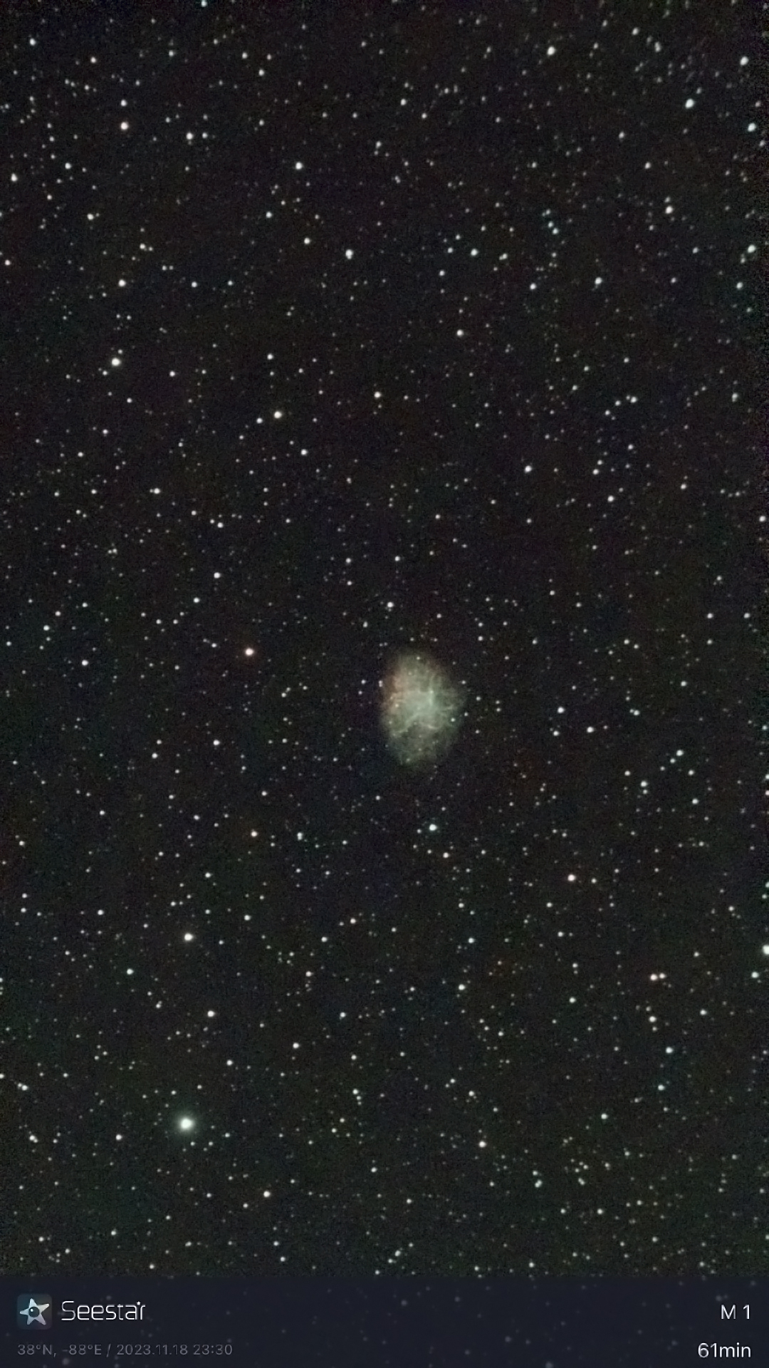 Crab Nebula Supernova Remnant M1 taken 11/18/23 with a Seestar S50 smart telescope