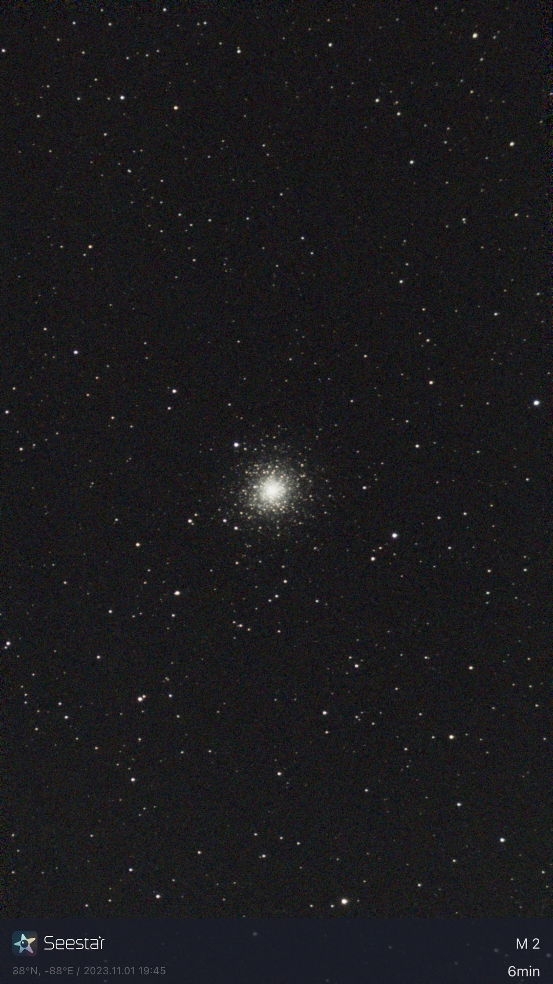 Globular Star Cluster M2 taken 11/01/23 with a Seestar S50 smart telescope