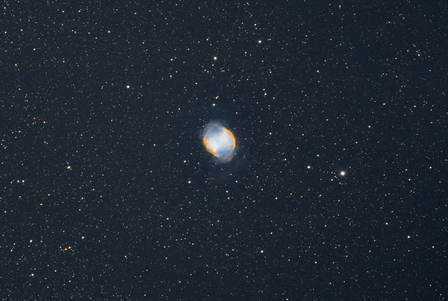 Dumbbell Planetary Nebula (M27) taken 08/19/23 with a ZWO ASI183MC Pro camera attached to an Celestron 8