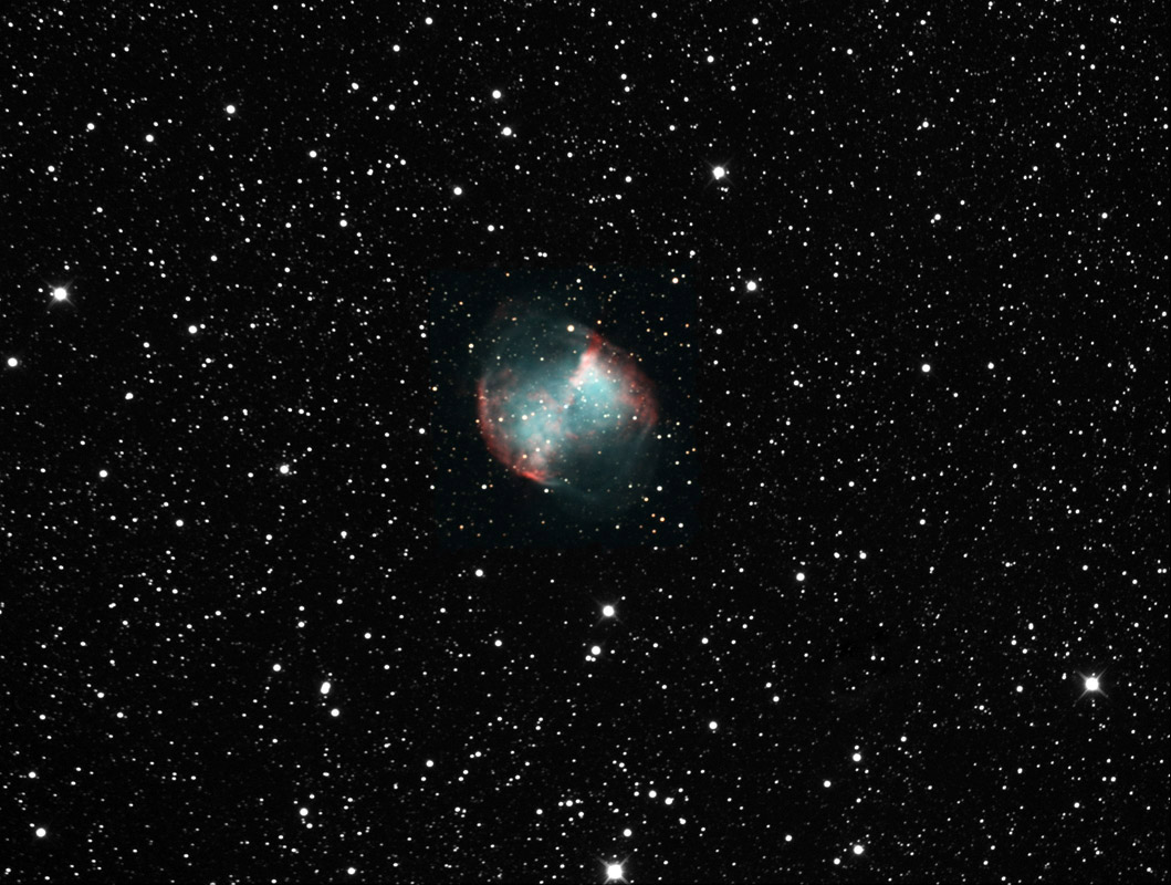 Dumbbell Planetary Nebula M27, taken July 3, 2010 with a SBIG ST-8300M CCD camera, filter wheel with Astrodon LRGB filters, through a Astro-Tech 8