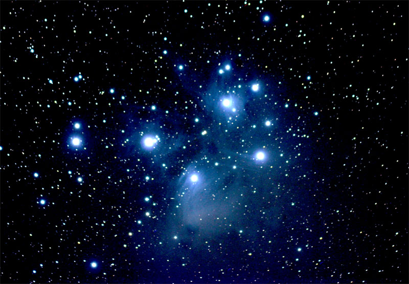 Pleiades Star Cluster (M45) taken December 22, 2006 with a Canon 20Da digital camera attached to a Televue 85 refractor and piggybacked on a 12