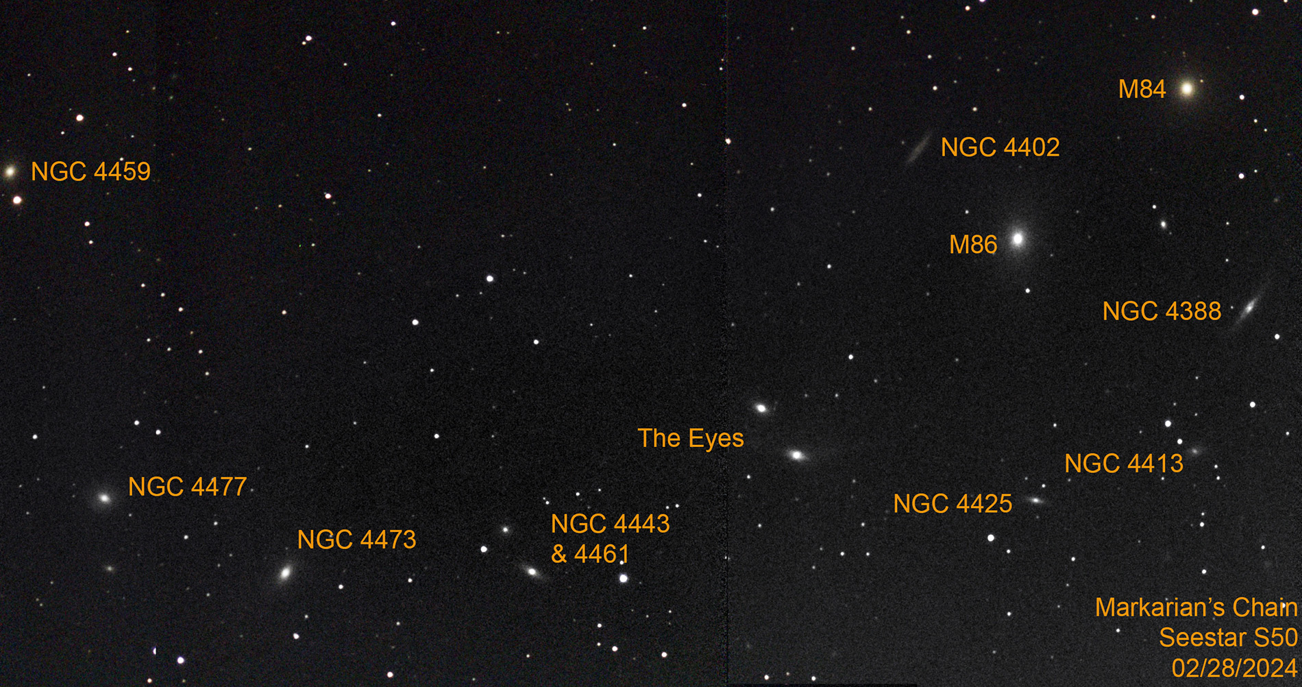 Markarians Chain of galaxies taken 02/28/24 with a ZWO Seestar S50 smart telescope