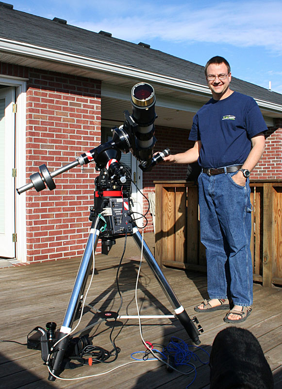 Mike Borman and Televue TV102iis Refractor with Coronado Solarmax 90mm h-alpha solar filter, Canon 400D (Rebel XTi) DSLR on Losmandy G11 mount and Meade Tripod.