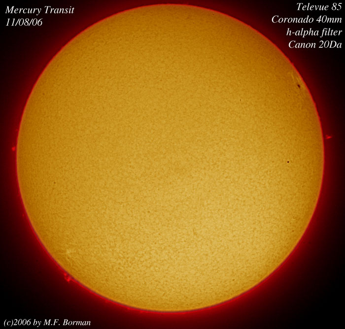 Transit Of The Planet Mercury Across The Sun in h-alpha 11/08/06