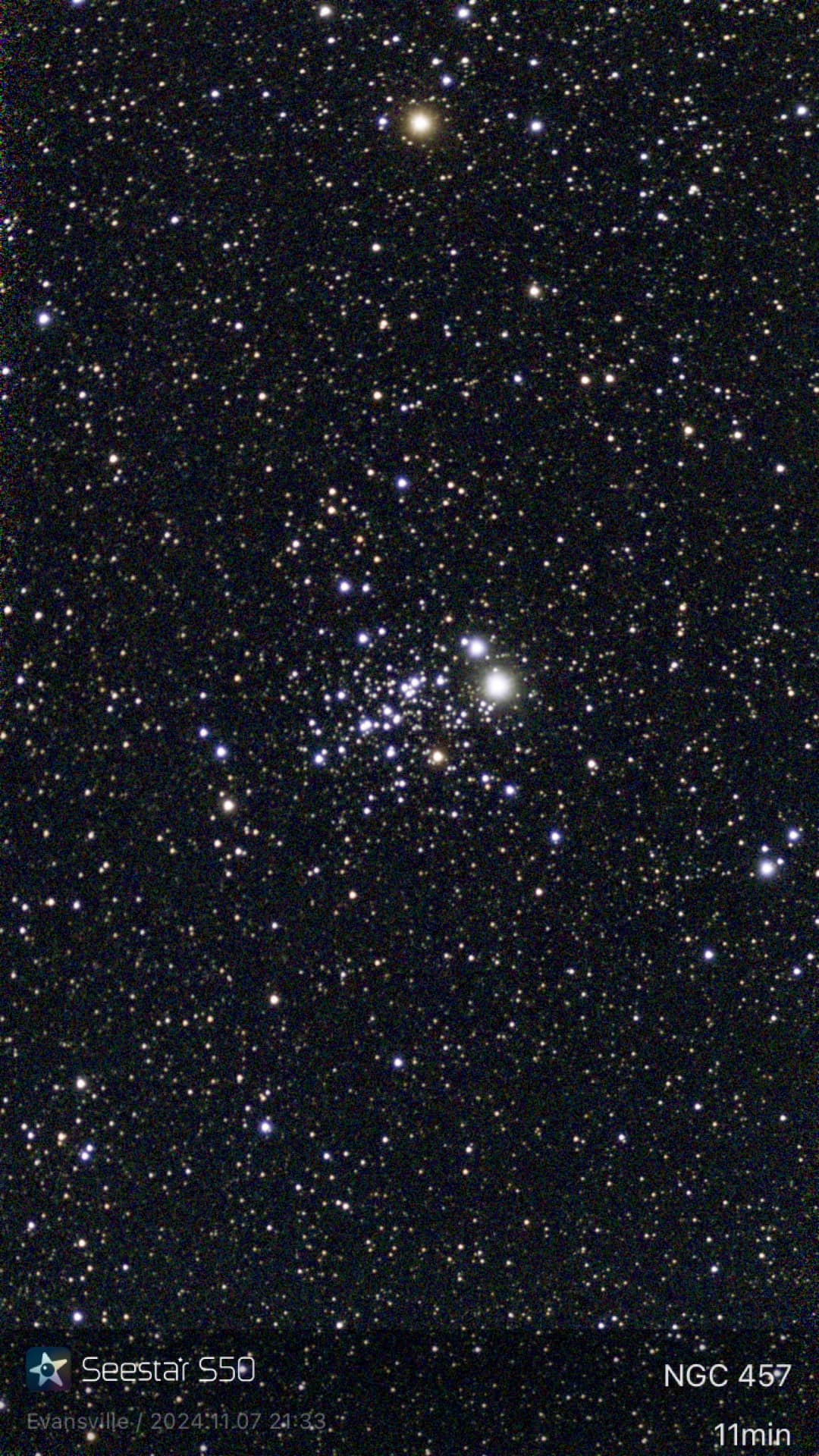 The Owl Cluster (NGC-457) taken 11/07/24 with a Seestar S50 smart telescope.