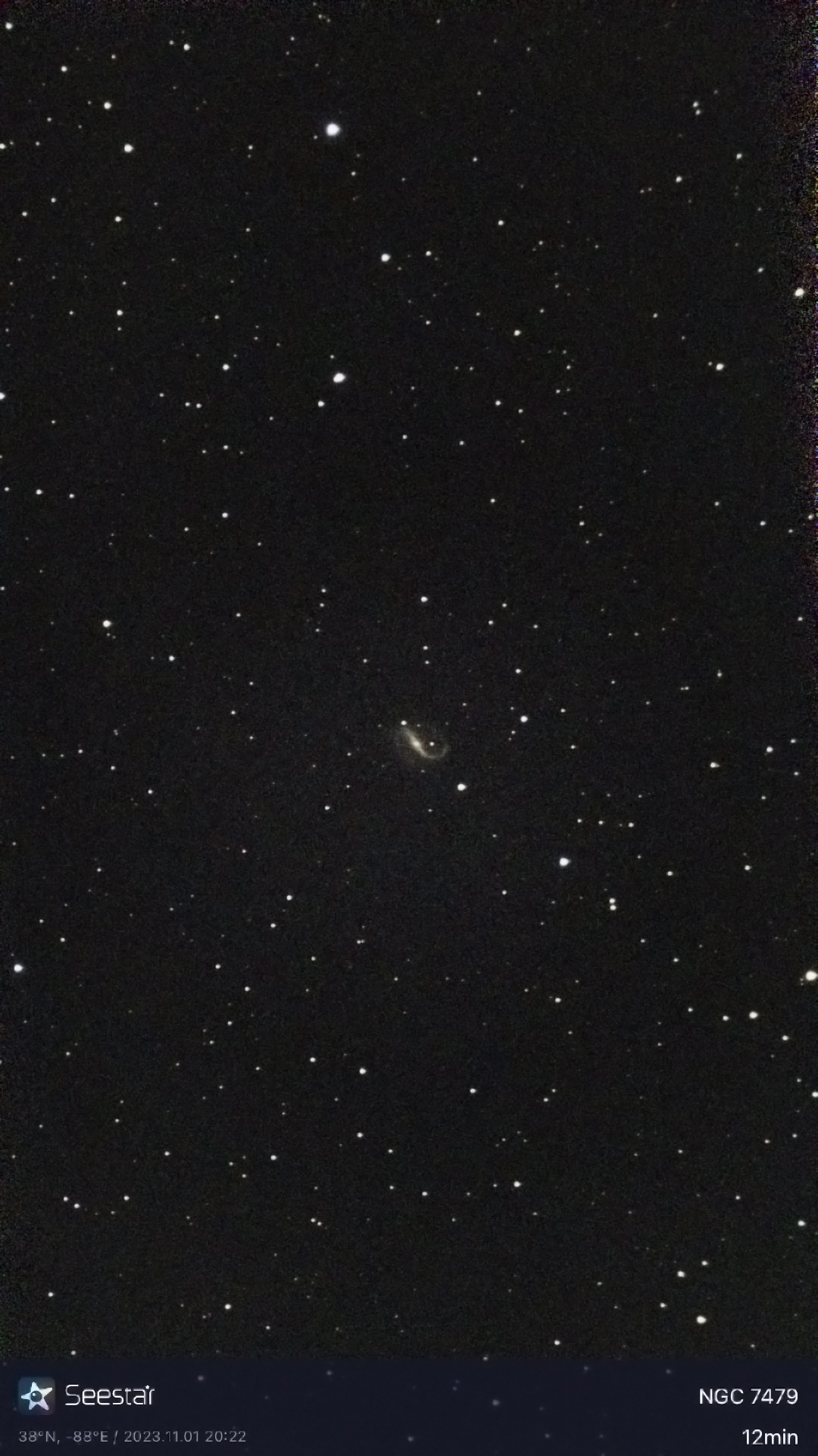 Barred Spiral Galaxy NGC-7479 taken 11/01/23 with a Seestar S50 smart telescope