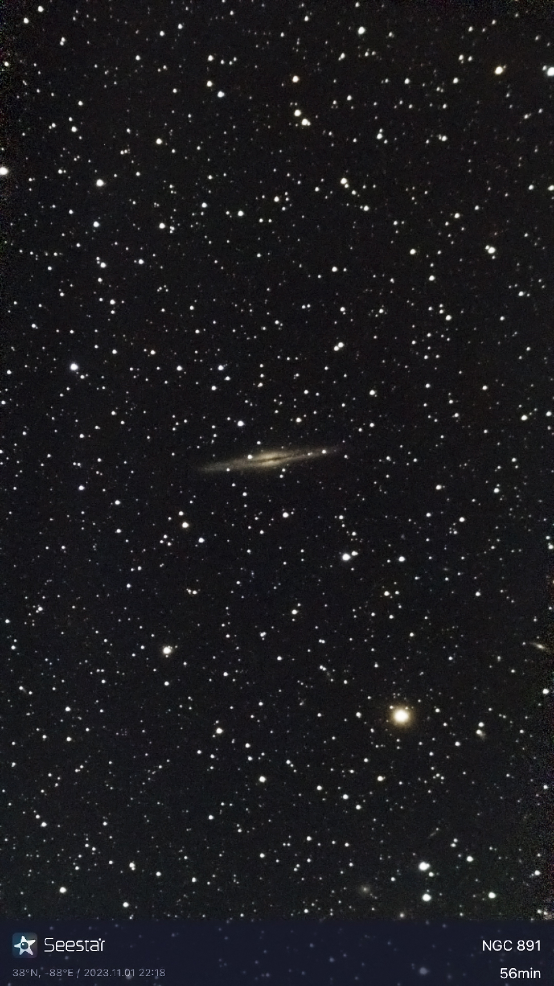 Edge-on Spiral Galaxy NGC-891 taken 11/01/23 with a Seestar S50 smart telescope