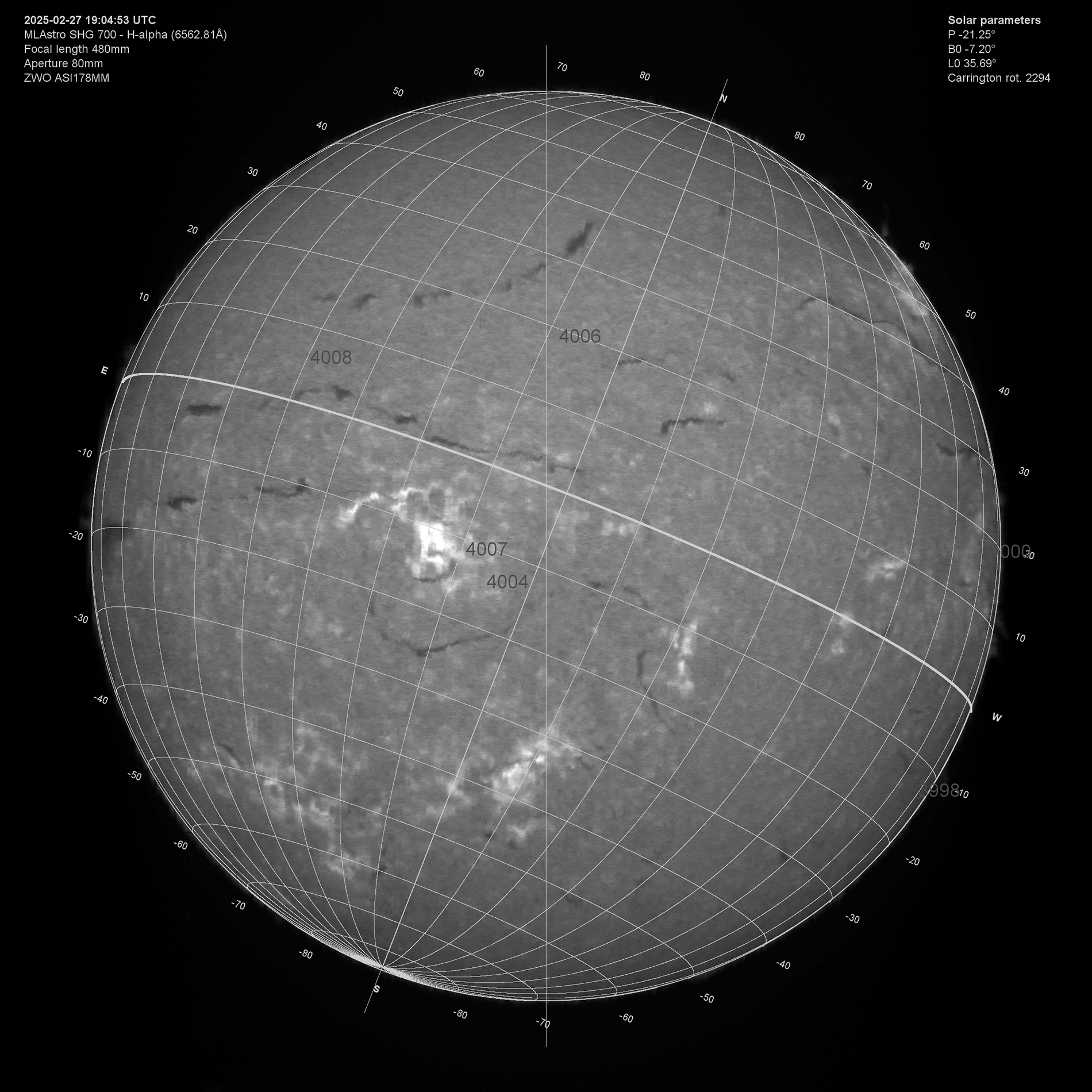 Solar image in h-alpha labeled 02/27/25
