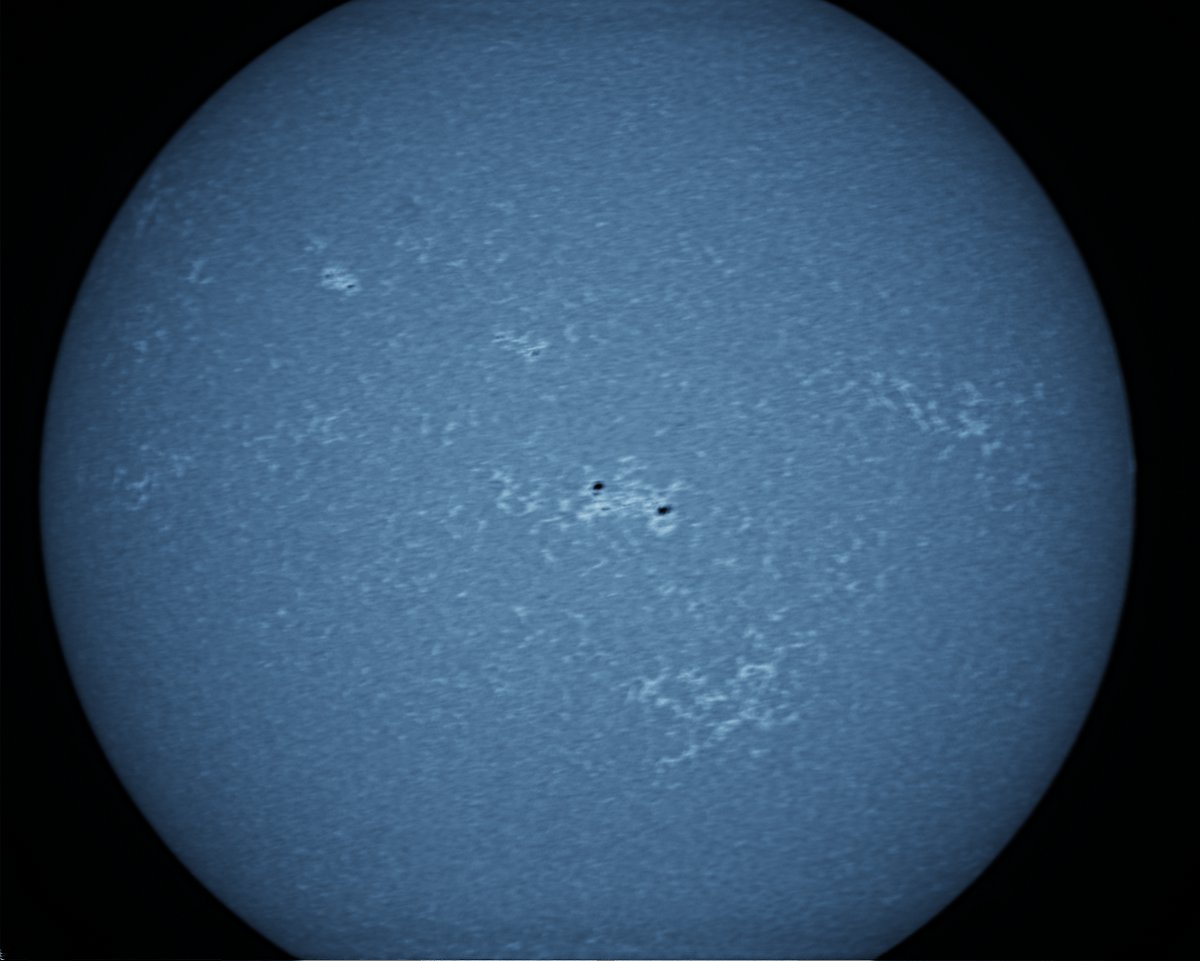 Solar disk in CaK with 80mm refractor and Lunt B1200 CaK filter, 2X barlow, PGR Grasshopper 3 camera 02-27-16