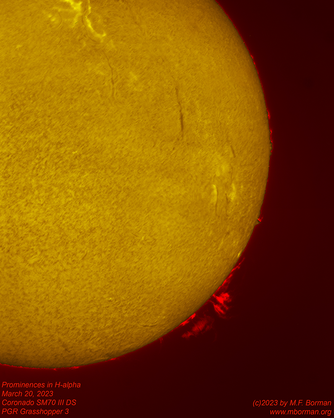 Solar prominences in h-alpha 03/20/2023