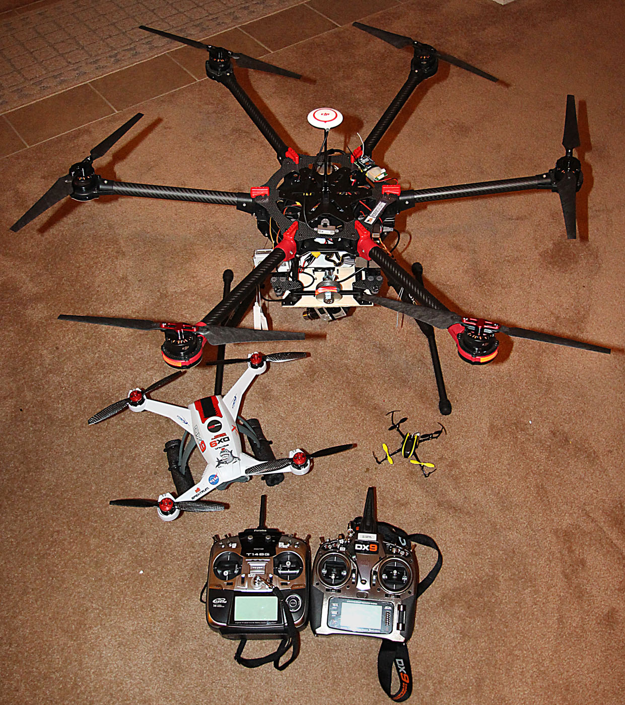 My multirotor fleet - DJI S900 hexarotor, Blade 350QX quadcopter, Blade Nano quadcopter, Spektrum DX9 transmitter, Futaba T14SG transmitter . 