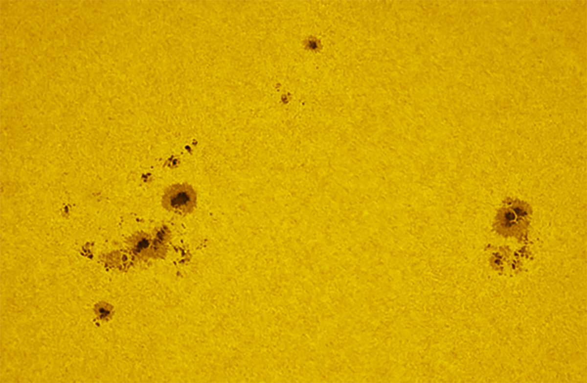 Sunspots 4099, 4100, and 4101 in white light 05/31/25